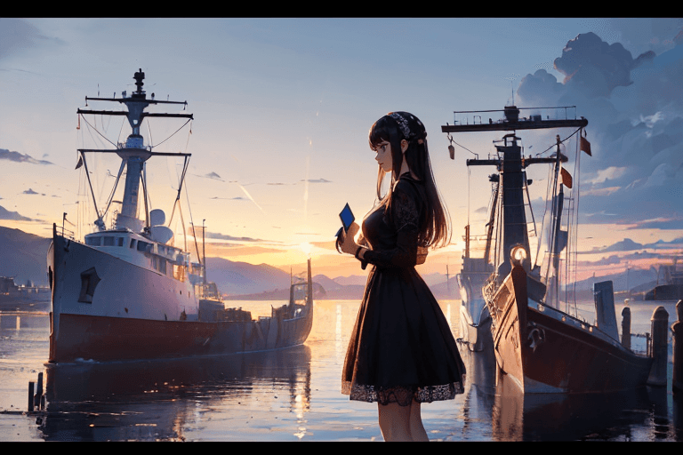 AI generated: ((masterpiece, 4k quality, authentic:1.3), a presentable woman wearing a lace-trimmed dress in shipy...