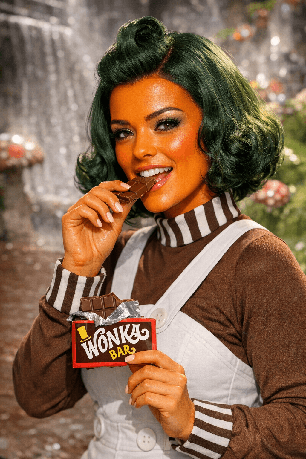 AI generated: A 4K, UHD, magazine photoshoot quality image of a beautiful, orange skinned oompa loompa.  She is re...