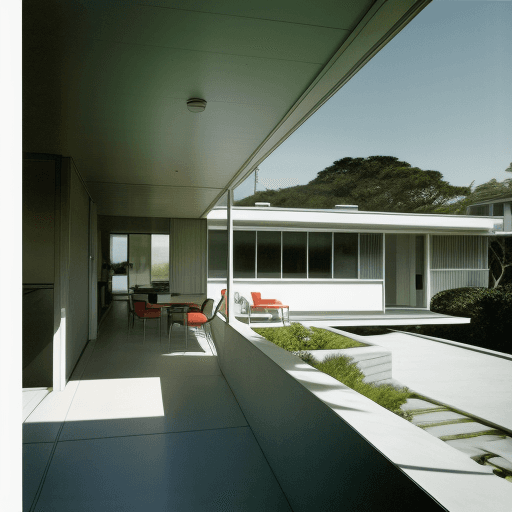 AI generated: Hyper realistic eye level exterior photo of a mid century modern style house overlooking the ocean, ...