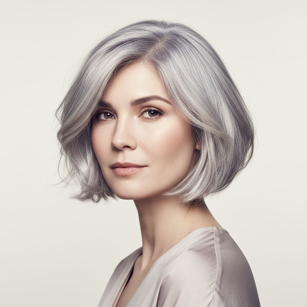 AI generated: hair photography, woman, bob cut hair, silver color, ivory hue background, studio lighting setup, re...
