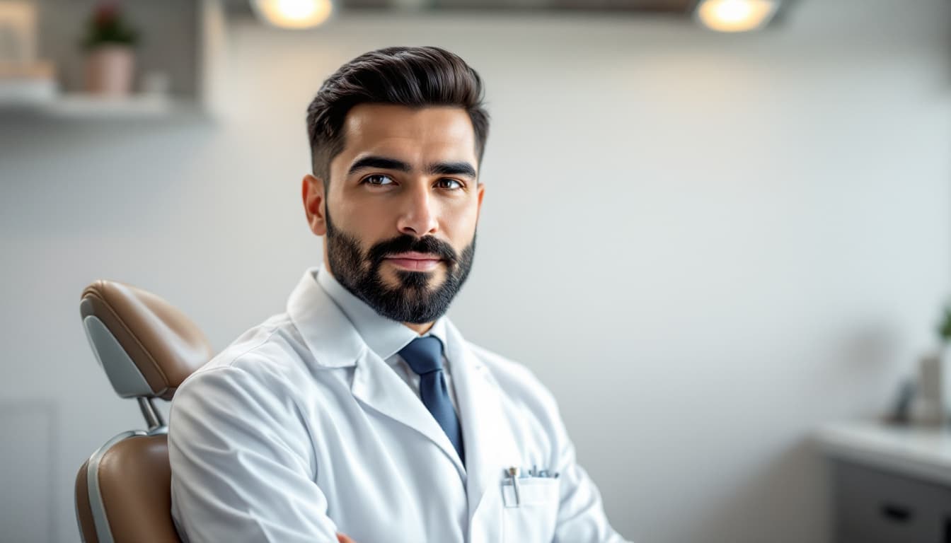 AI generated: Photorealistic portrait, wide viewing angle. A 35-year-old dentist with a short, neatly trimmed blac...