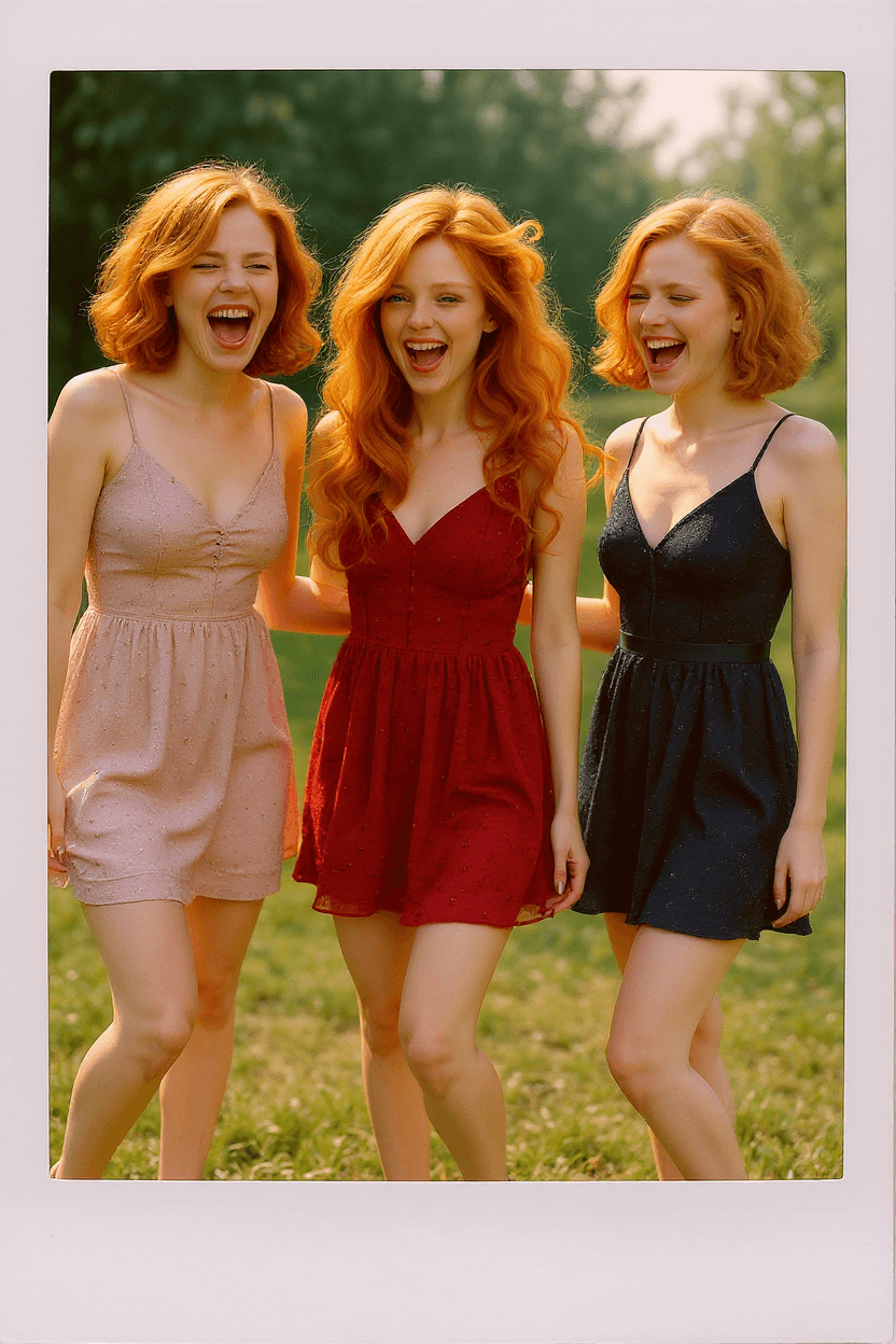 AI generated: photo, candid 35mm series of photos Polaroid of a group of a 3 sweet young girls with short hair and...