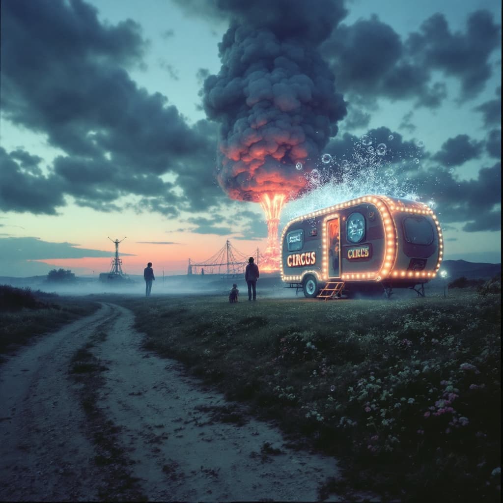 AI generated: in low resolution a panoramic image of a circus caravan bubbling in the 1970s
