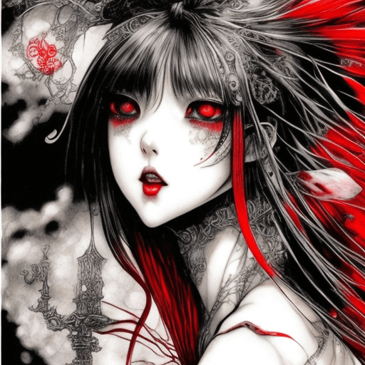 AI generated: Insane beautiful young woman in the style of Yoshitaka Amano, colors black, white, red, fantasy art ...