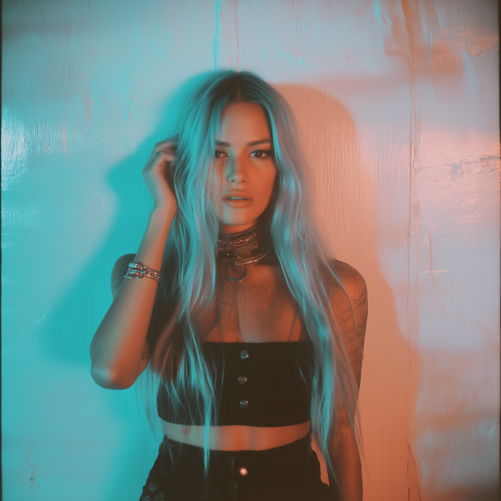 AI generated: Lomography, image of a blue haired supermodel, her back is against the wall and one hand over her ha...
