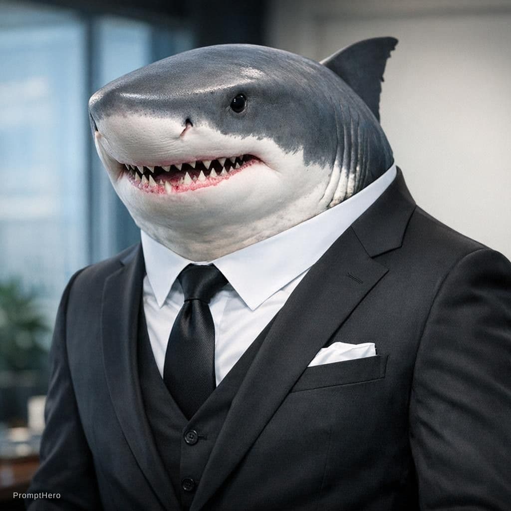 AI generated: CREAT A SHARK IN A BUSINESS TUXEDO SUIT