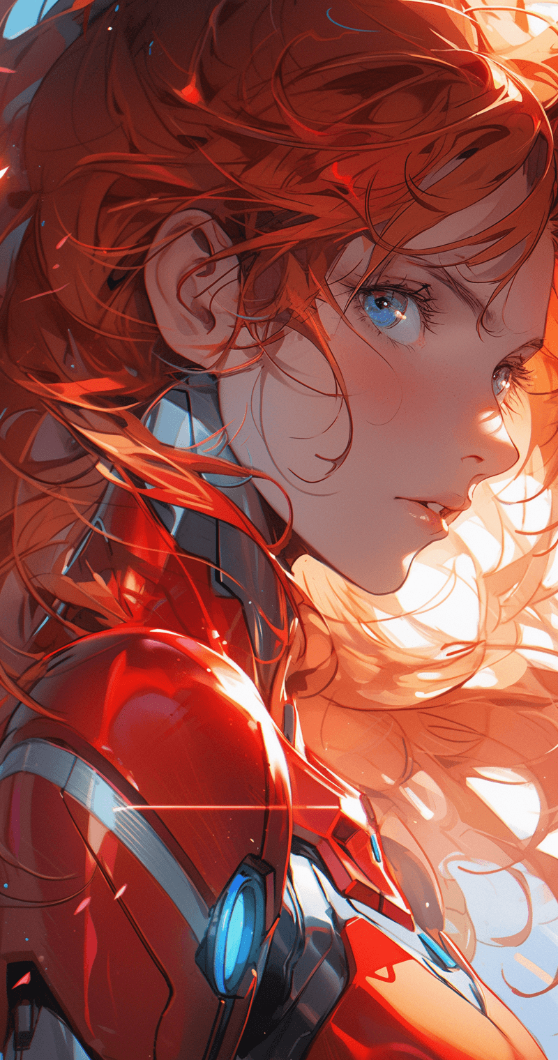 AI generated: a manga character with red hair and large eyes, in the style of futuristic glam, red and orange, rea...