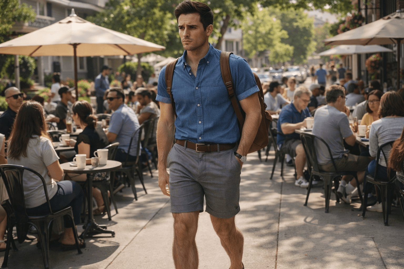 AI generated: In a sunny morning at a nice neighborhood. The model walking among a lot of people at a coffee shop ...