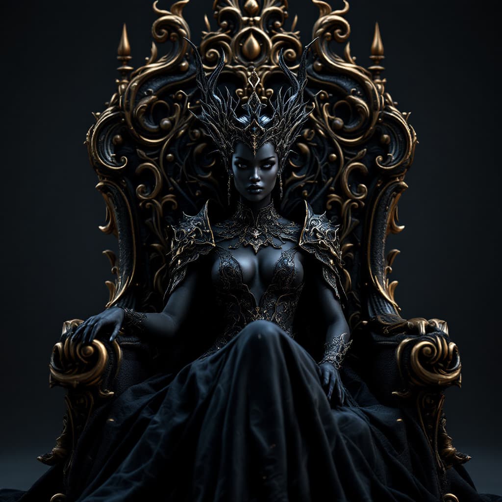 AI generated: A very beautiful BLACK queen sitting on a black throne made of gold, with a serpent-dragon like elem...