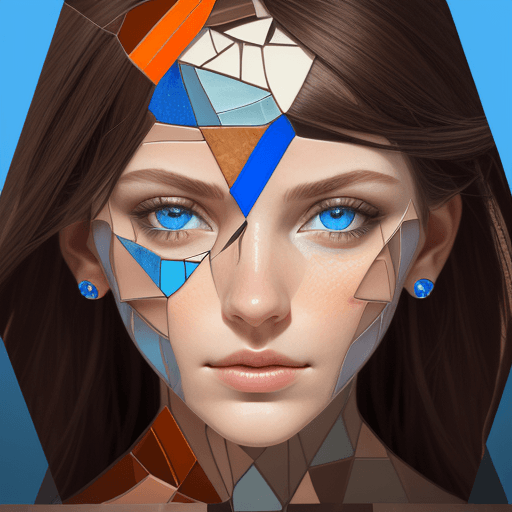 AI generated: A close-up portrait of a woman's face in a mosaic collage style. The woman is facing forward symmetr...