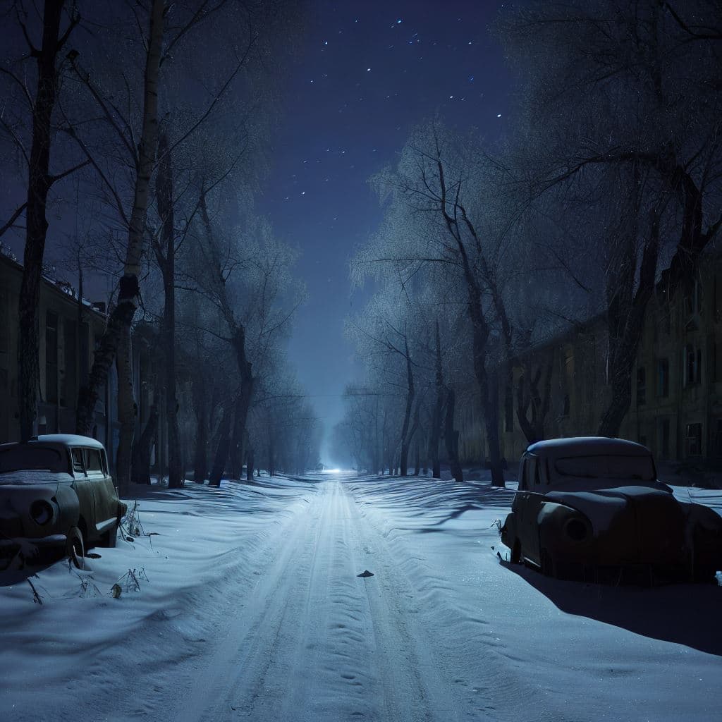 AI generated: night view of an avenue with trees and buildings, city in siberia, abandoned in 1950, illuminated on...