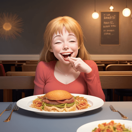 AI generated: animated image of a happy girl tasting to wait to eat at a table at rest