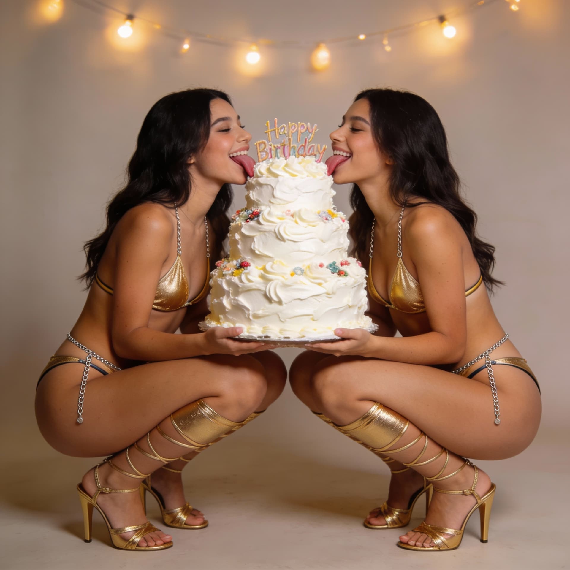 AI generated: Pon luces y ambiente tipo estudio, hermanas gemelas celebrando su cumpleanos, con pastel con mucha c...