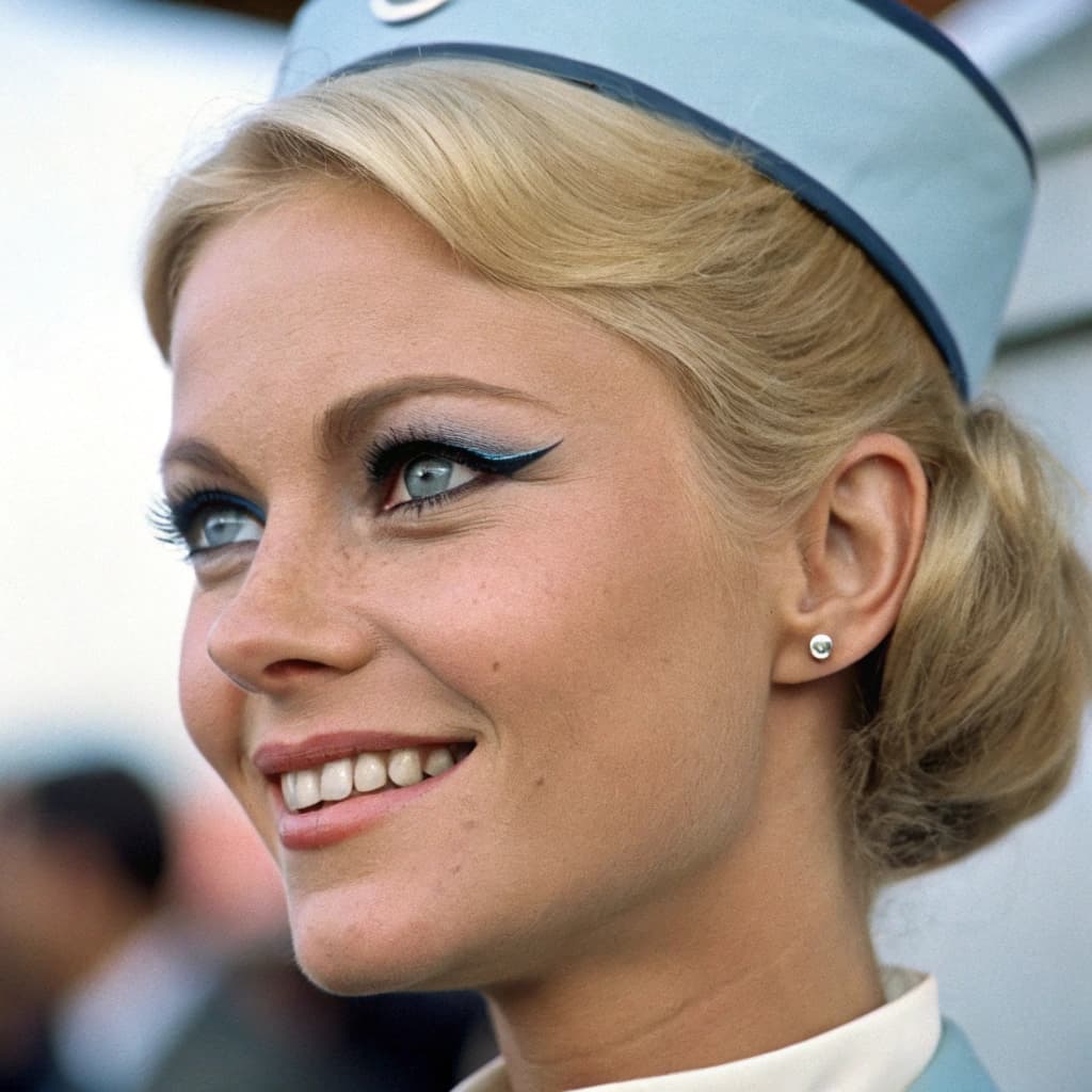 AI generated: Canon 50d, 100mm, (((breathtaking:1.5) smiling (Danish) stewardess)), close-up photo, standing, high...