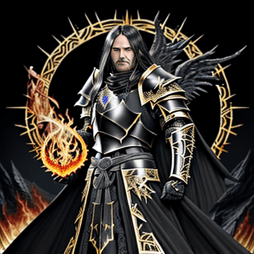 AI generated: Lord of the "Frenzied Flame", "Elden Ring", "black overlapping plate armor edged with gold", "black ...