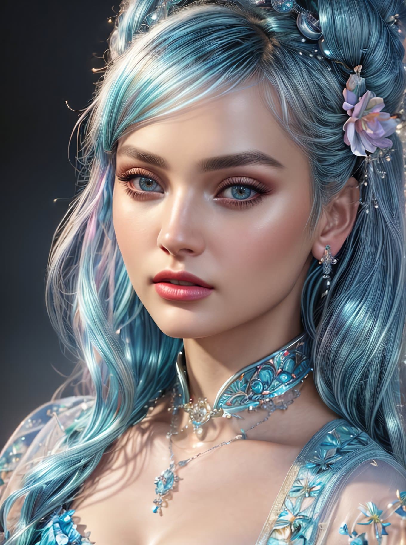 AI generated: An extremely gorgeous woman, with top knots full of cyan jewelers, delicate intricate iridescent det...