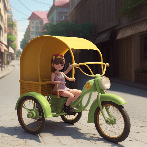 AI generated: A very cute girl, 35 years old, tricycle, in beautiful street, at sunny day, 3d art, c4d, octane ren...