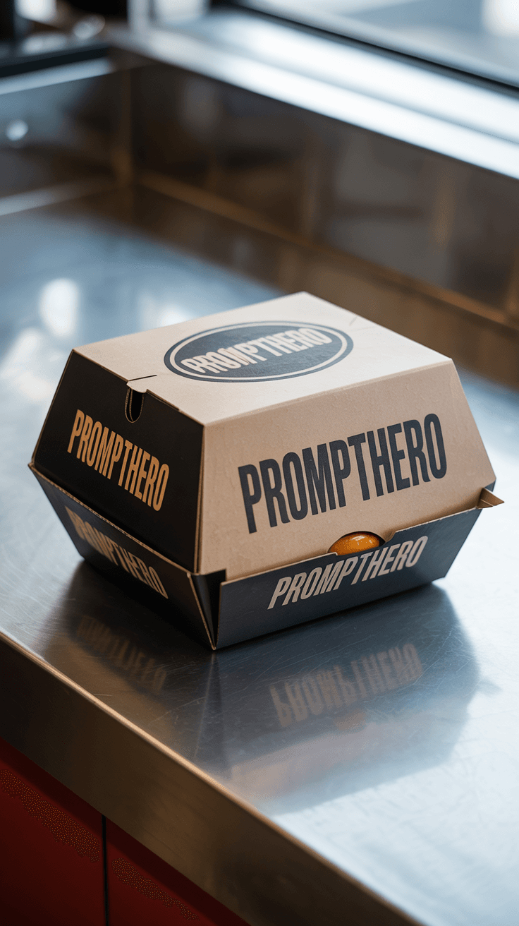 AI generated: Hyper-realistic hamburger packaging design, box closed, placed on a clean fast-food counter. Modern ...