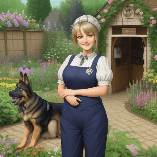 AI generated: Photo of a german shepherd with a smile, and a shopkeeper outfit with cool garden in a background
