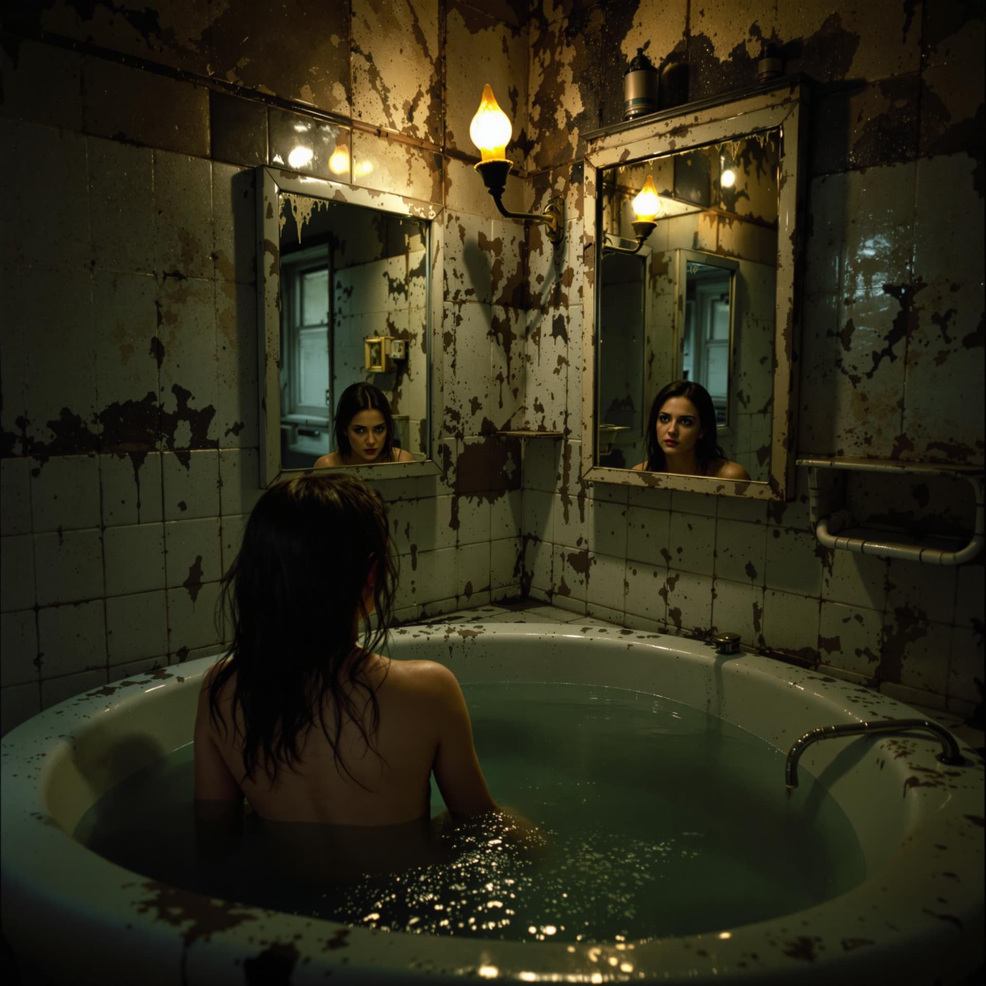 AI generated: En un baño antiguo y sucio de una casa abandonada, una hermosa jovencita parada de frente a la cámar...