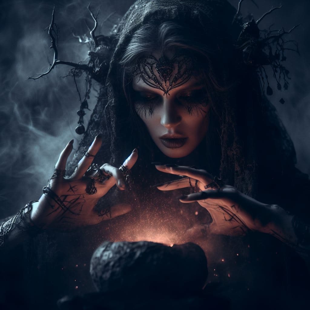 AI generated: a mystical,very beautiful dark sorceress performs an ancient ritual to summon a dark being,very deta...