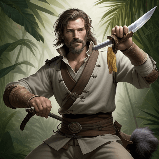 AI generated: character portrait of a grizzled swordsman in the middle of a fight, handsome man, having fun, swash...