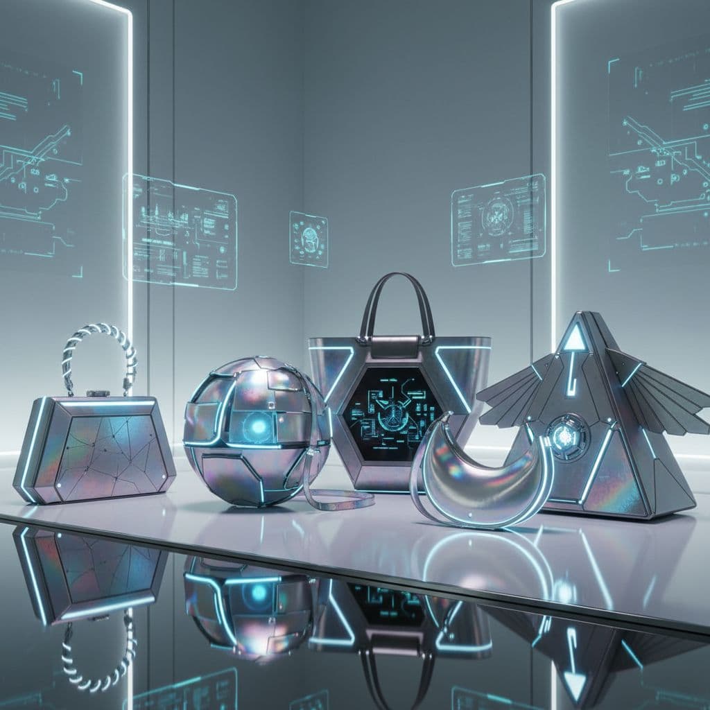 AI generated: A collection of sleek, futuristic purses displayed on a glossy, reflective surface. Each purse featu...