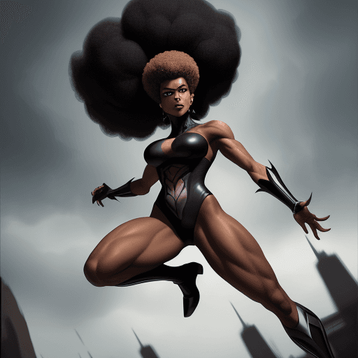 AI generated: a 6 foot tall fit black girl  with abs and an afro,  hairstyle, wearing a dark villainess costume , ...