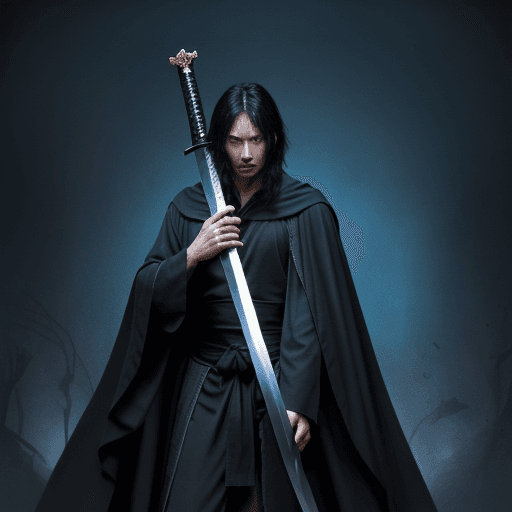 AI generated: swordsman with black robe and about 1,70 and two swords, one dark and one blue