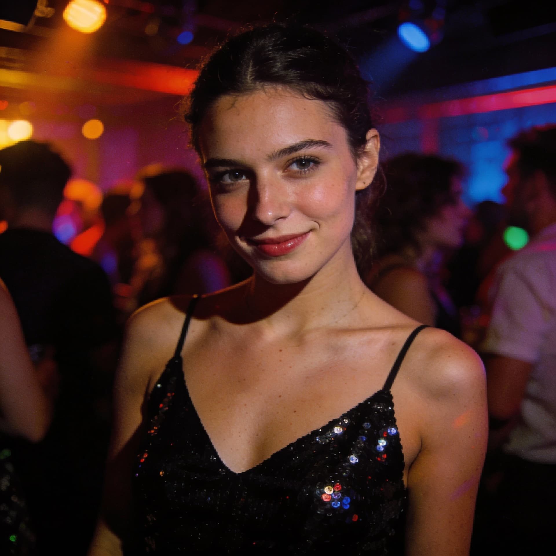 AI generated: A beautiful Hungarian woman dressed in a chic black dress adorned with sequins that shimmer under th...