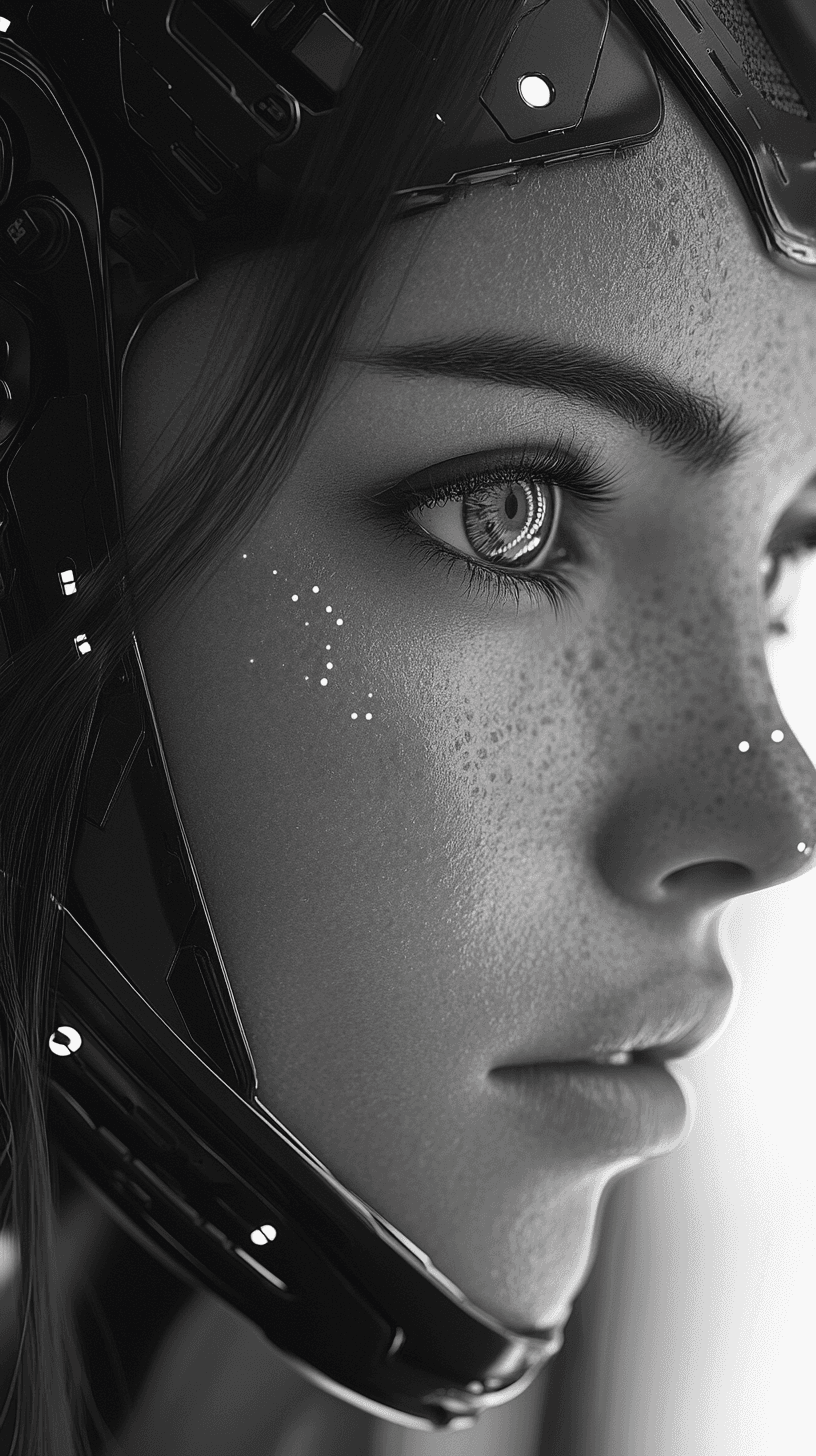 AI generated: A futuristic female robot captured in a cinematic black-and-white portrait. Her design blends sleek ...
