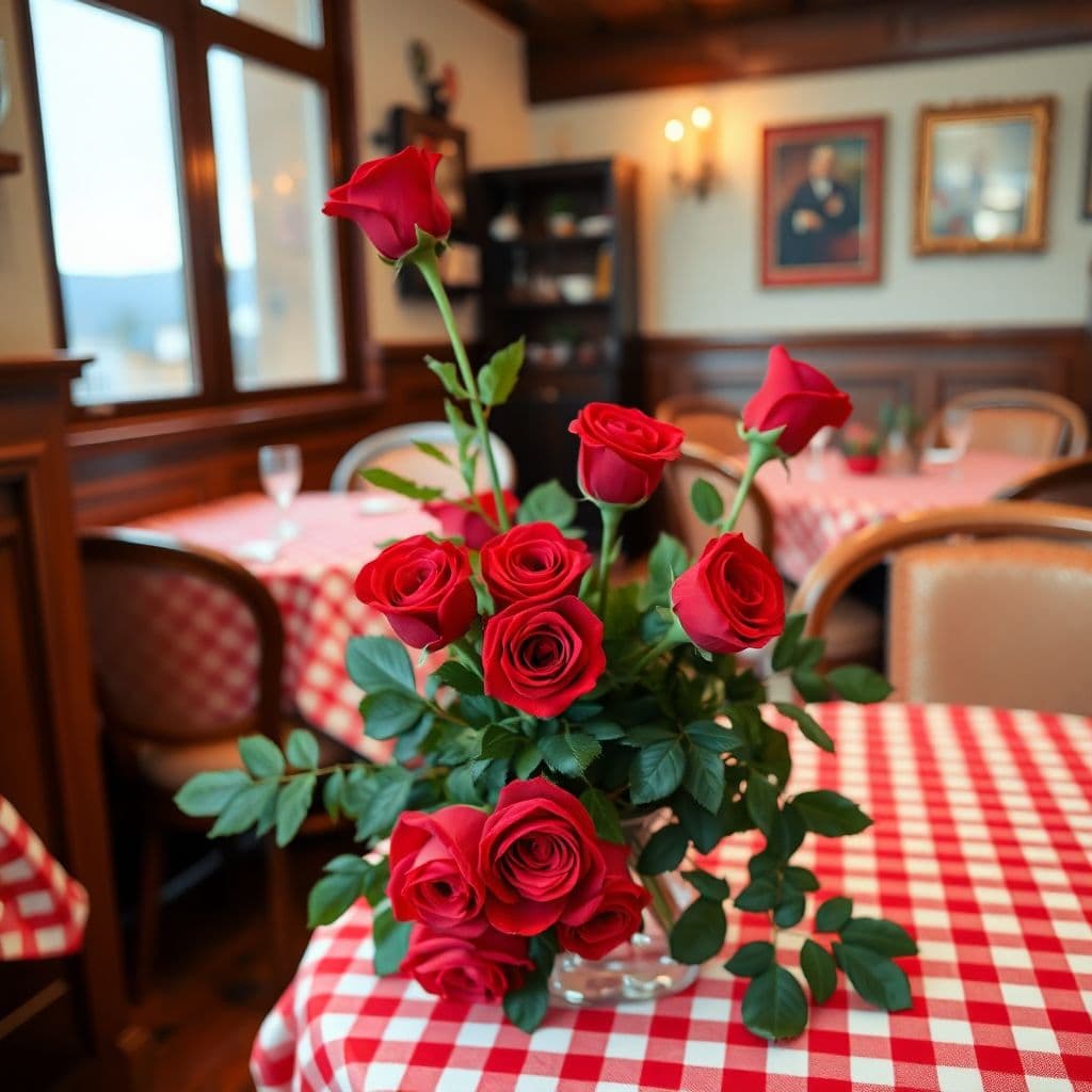 AI generated: A bouquet of red roses sits on round table with a red and white gingham tablecloth in an Italian Res...