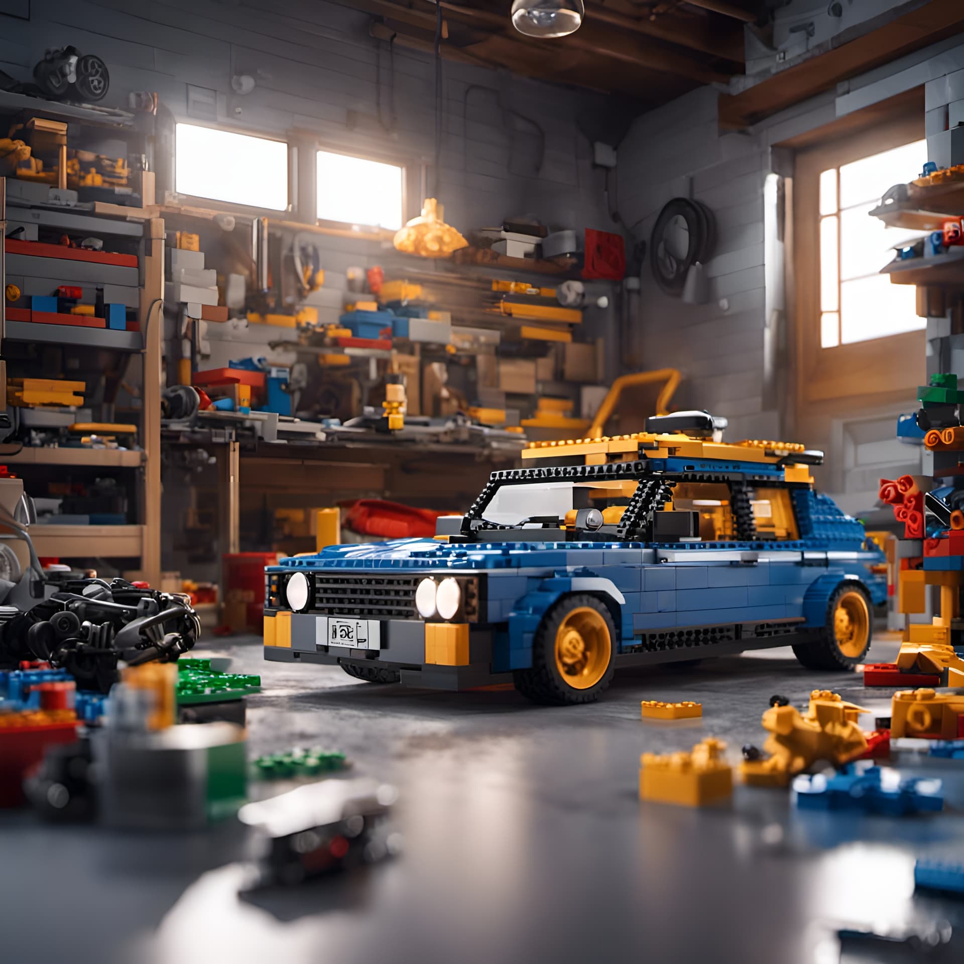 AI generated: A Lego car in a garage scene, lego set, highly detailed, intricate, technical, unreal engine 5, 8k, ...