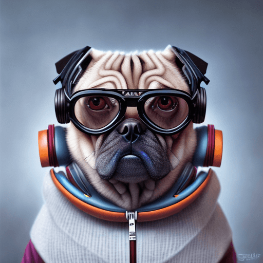 AI generated: strybk, extremely cool PUG dressed on hoodie and sneakers. wearing music headphones and cool glasses...