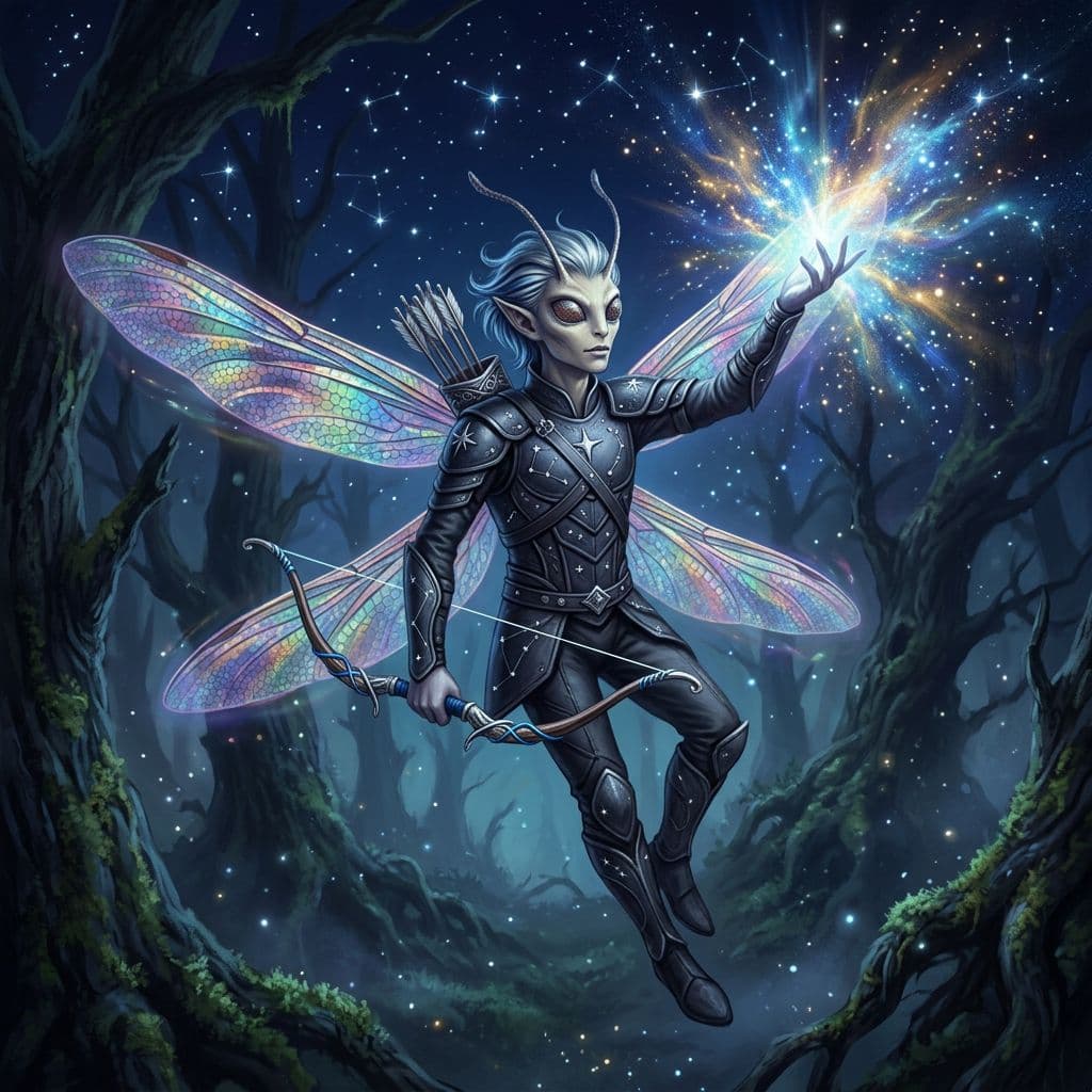 AI generated: a small male fairy, with iridescent dragonfly wings and bug like facial features, silver and blue ha...