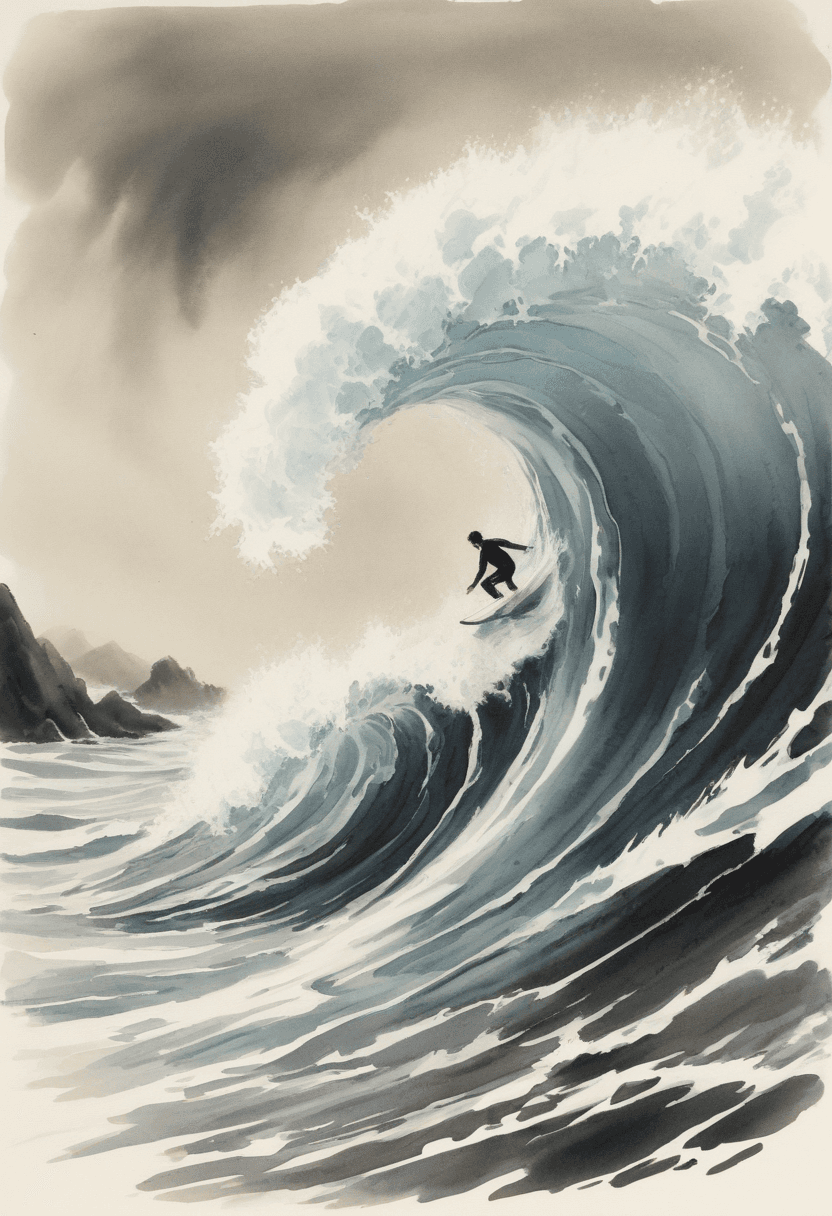 AI generated: a guy surving on a wave, Sumi-e style