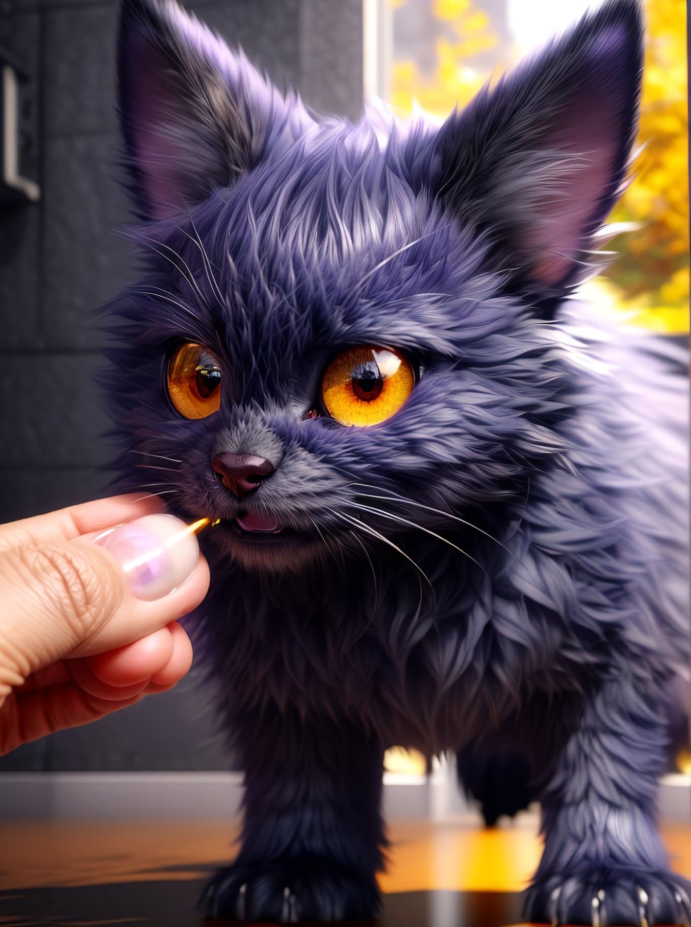 AI generated: pltn style, A cute, small, purple, furry monster with yellow eyes. 3D image, Unreal Engine 3D render...