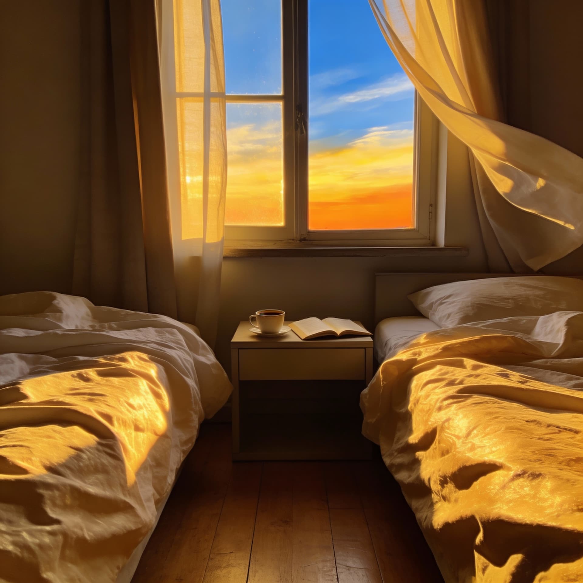 AI generated: Amanecer dorado, luz suave entrando por una ventana.