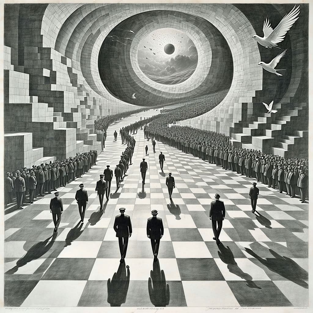 AI generated: 
Ultra-detailed black-and-white drawing in the precise, mathematically surreal style of M. C. Esche...
