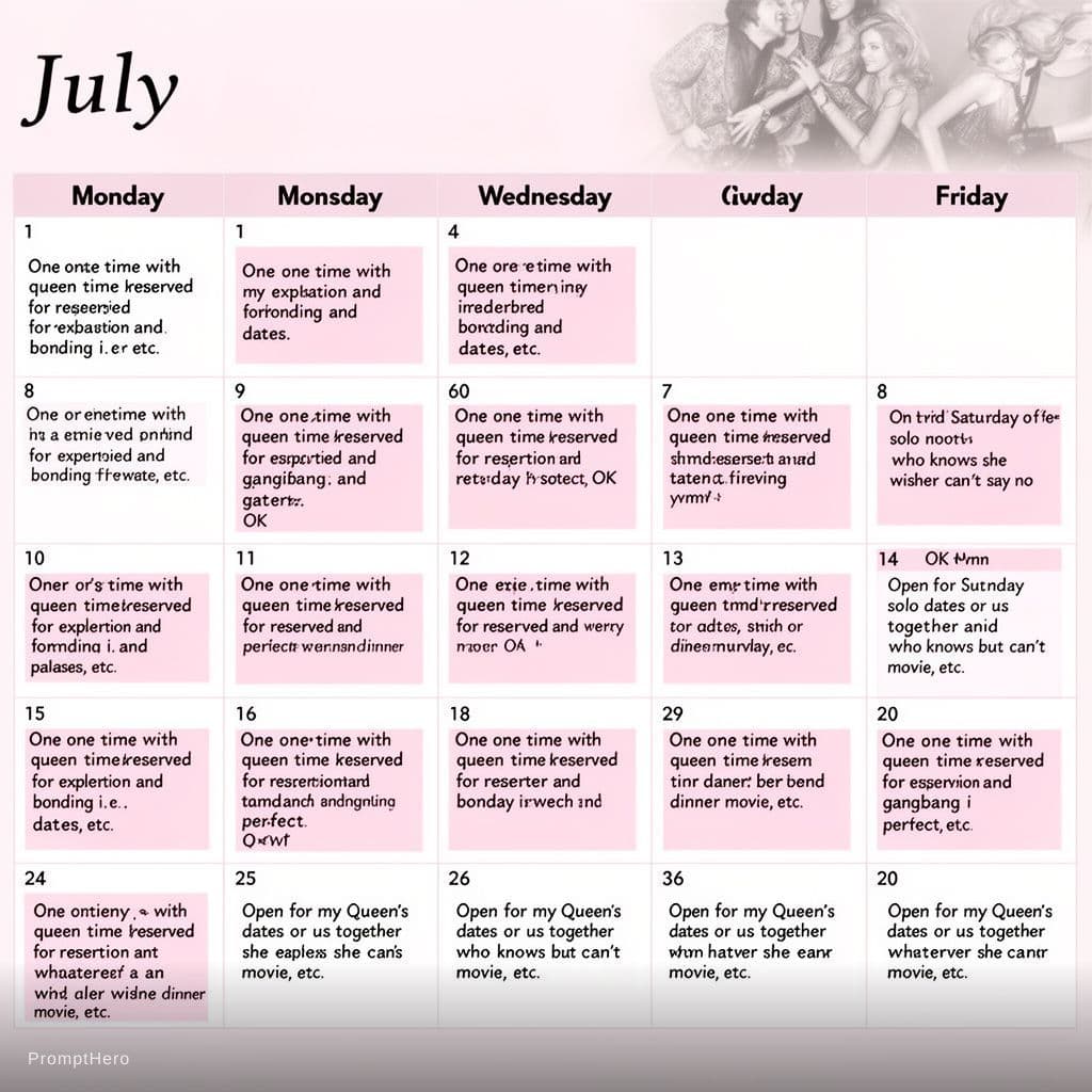 AI generated: I need you to make me a JPEG calendar for the month of July. On every Monday, I need you to put one ...