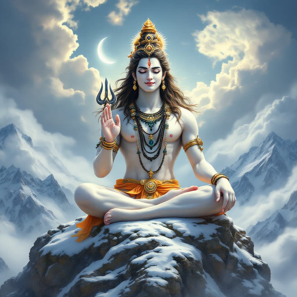 AI generated: Highly detailed lord siva in meditation posture, sitting on a mountain peak, with blissful face. A s...