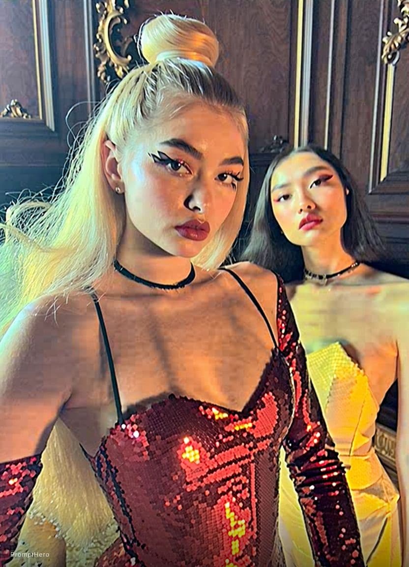 AI generated: A high-resolution 8K photograph shows two women in provocative, stylized attire, positioned against ...