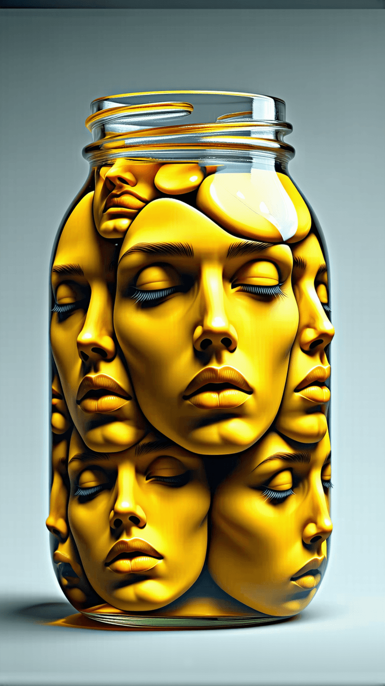 AI generated: Macroview of a jar filled with liquified human faces in different moods,a vintage brand etiquette na...