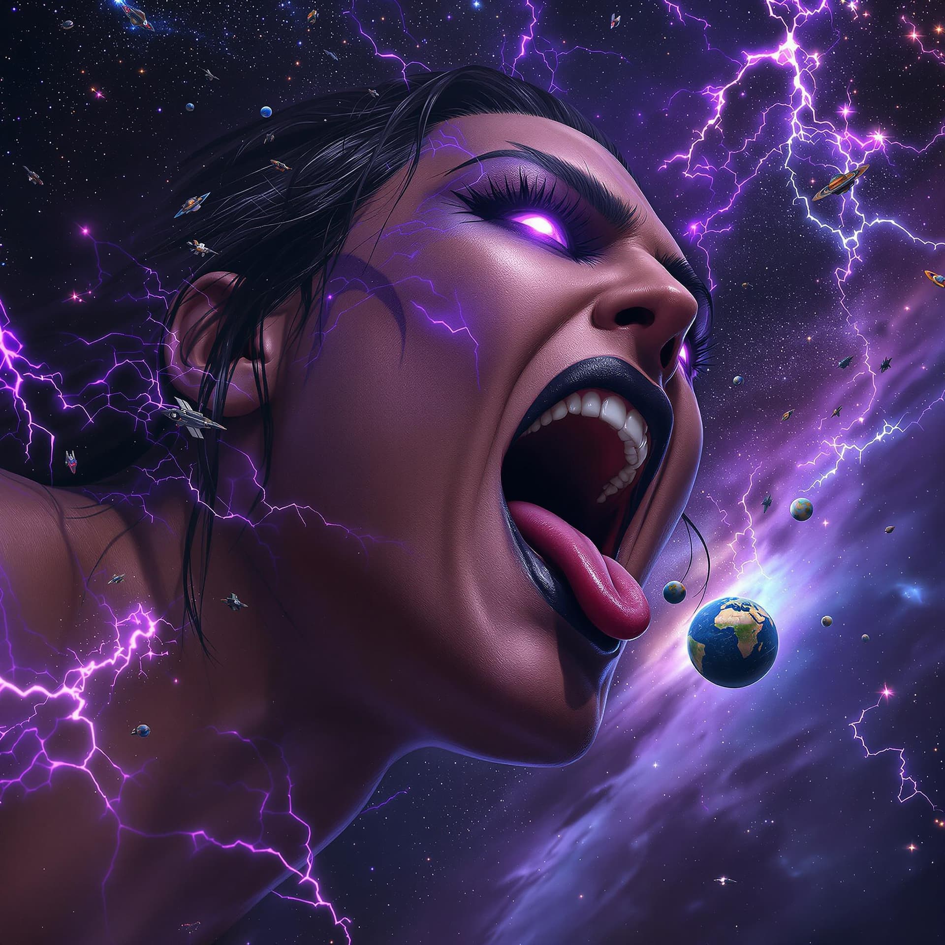 AI generated: enormous giantess Rhea Ripley  from WWE
bigger than a galaxy floating in space, minuscule planets in...