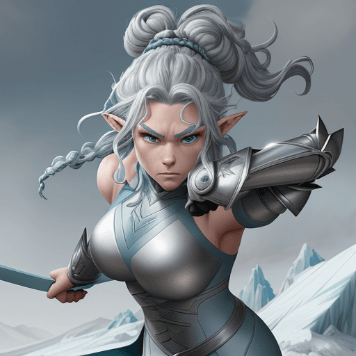 AI generated: 2D animated style with a heroic look, wide shot of Eirlys, a Snow Elf warrior with an athletic figur...