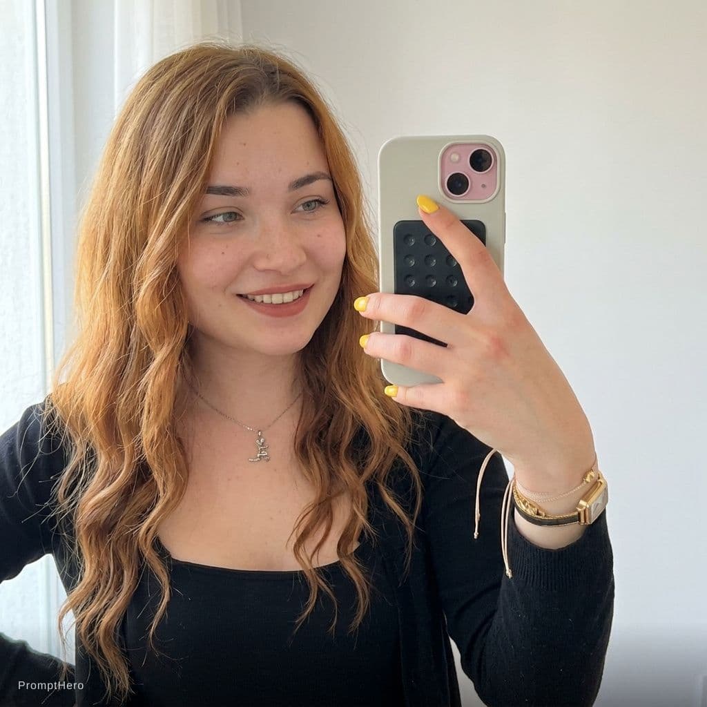 AI generated: A candid smartphone selfie of a beautiful young woman with wavy auburn hair, wearing a simple black ...