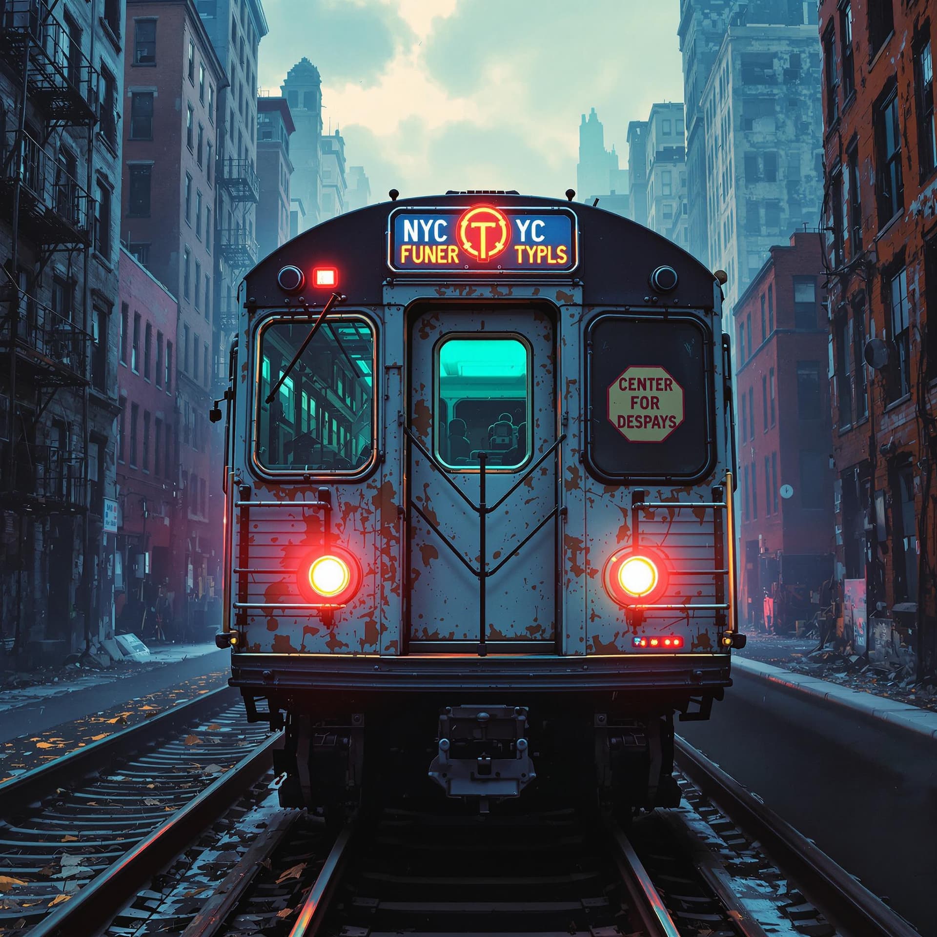 AI generated: front view of an old 1980 nyc subway car with color highlights on it moving forward, behind the trai...