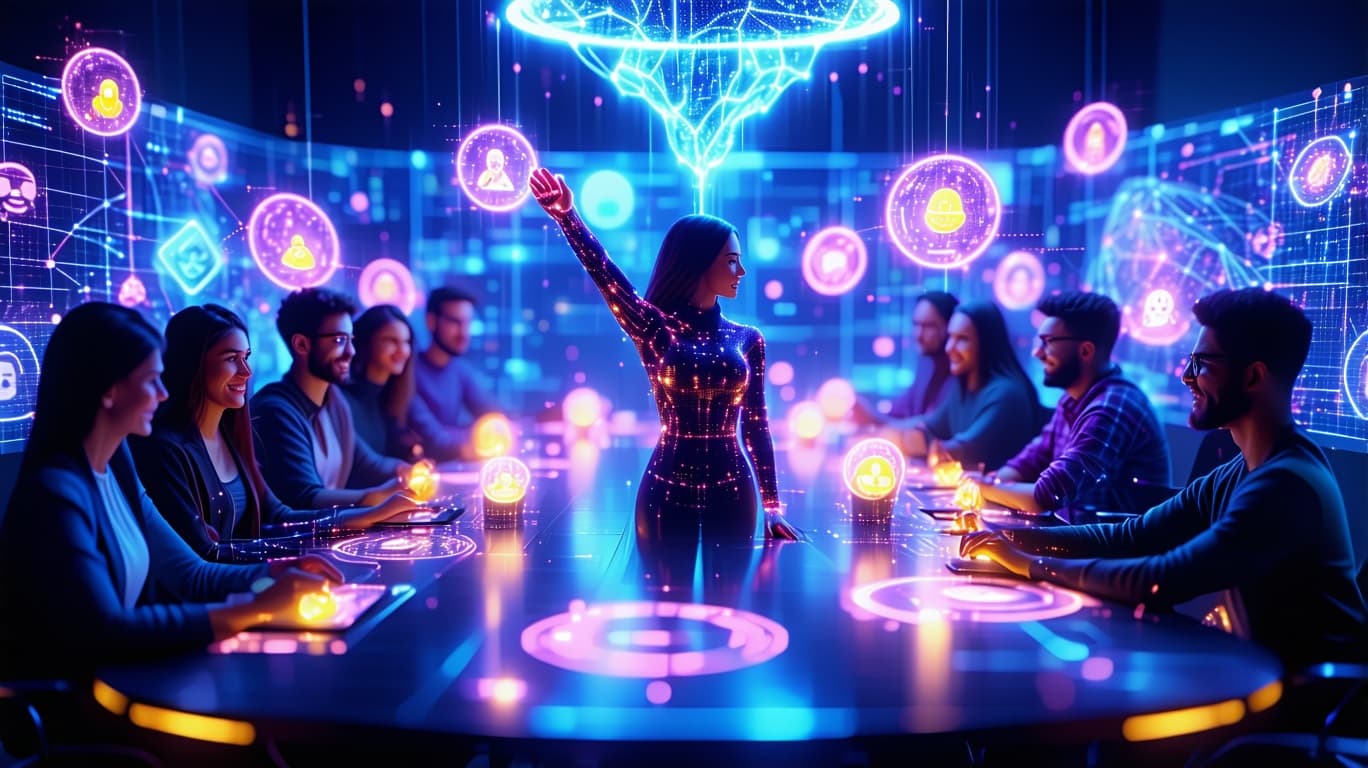 AI generated: /imagine prompt: Floating digital roundtable in cyberspace, 12 avatar participants with real-time em...