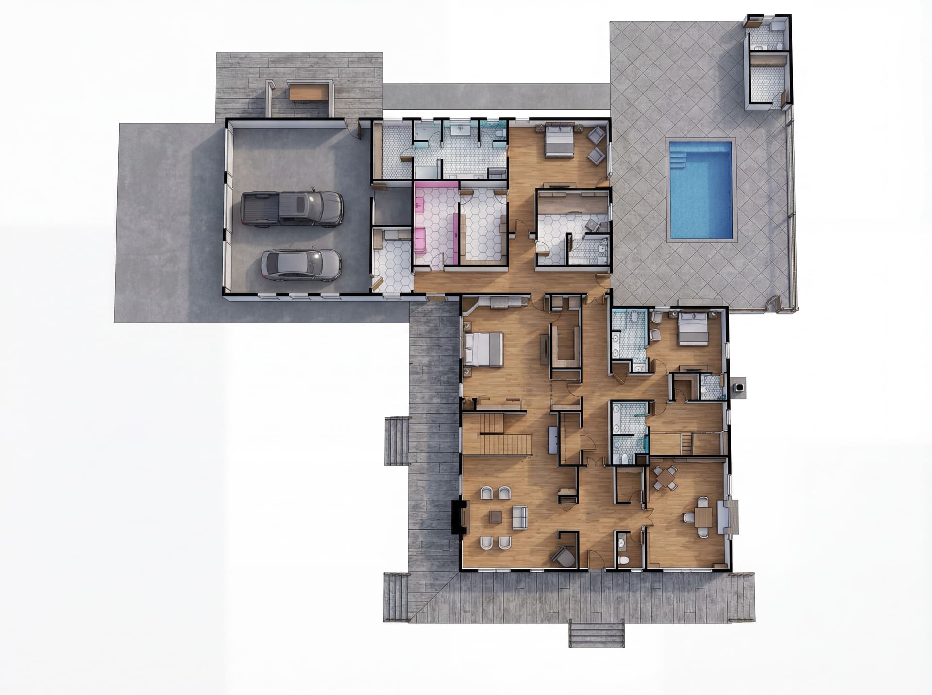 AI generated: Can you create a 3D floor plan of this plan please.
Red regions to have stamped concrete with a wood...