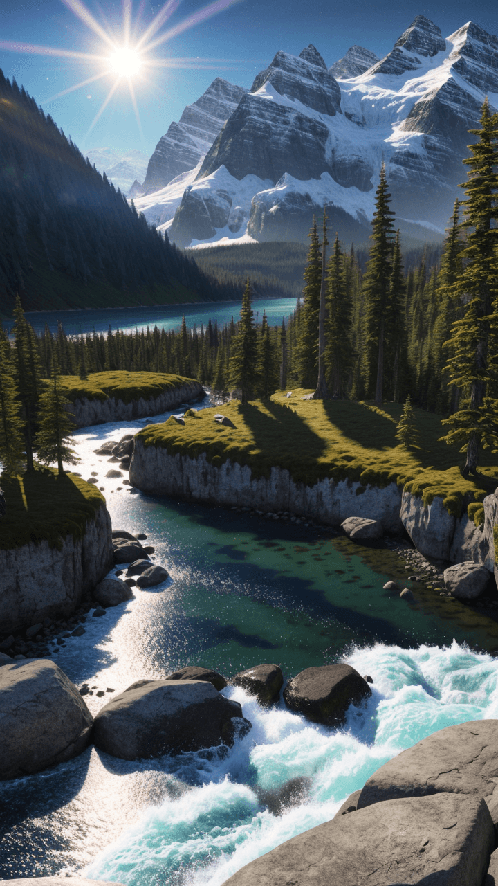 AI generated: british columbia, surrounded by mountains and nature, beautiful lakes and rivers, northern lights, v...